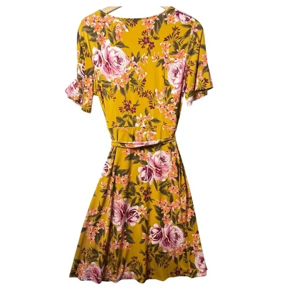 Donna Morgan Women’s Floral Print Yellow Dress Belted size 14 - Picture 2 of 10